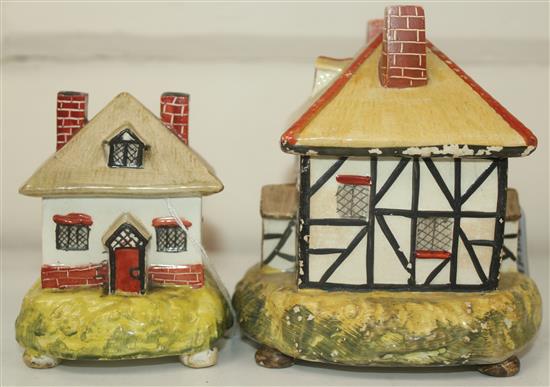 Two Staffordshire pearlware cottage pastille burners and covers, c.1820, height 8.5 - 11.5cm, largest with repairs